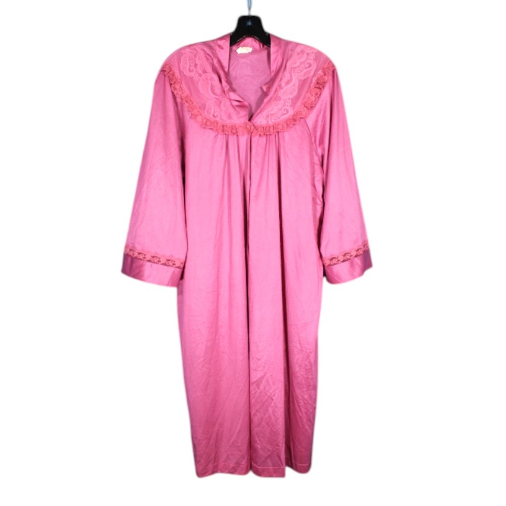 VTG TEXSHEEN Silky NYLON Rose Pink PAISLEY/RUFFLE LACE Button-Up LOUNGE ROBE L